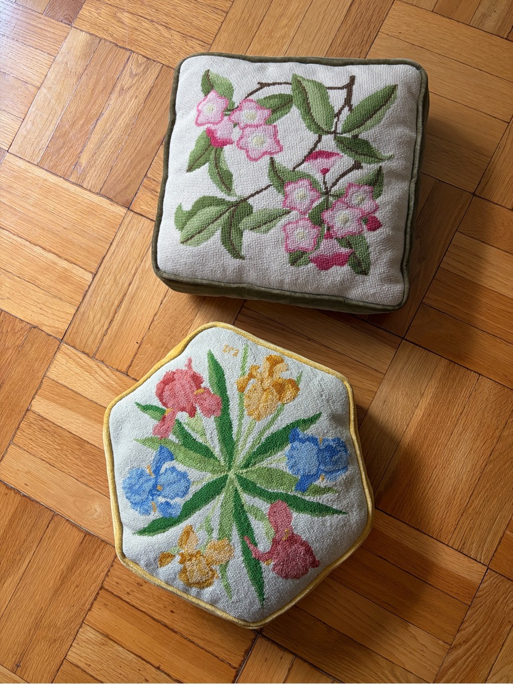 Vintage Handmade Floral Decorative Pillows Pink Green Yellow Needlepoint